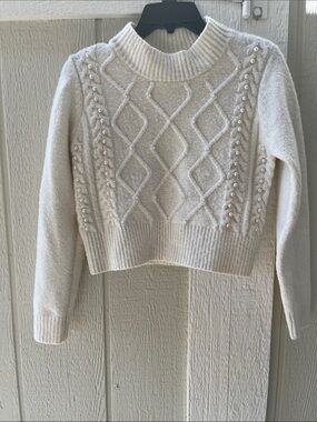Cozy Cream Pearl-Accent Cable Knit Sweater